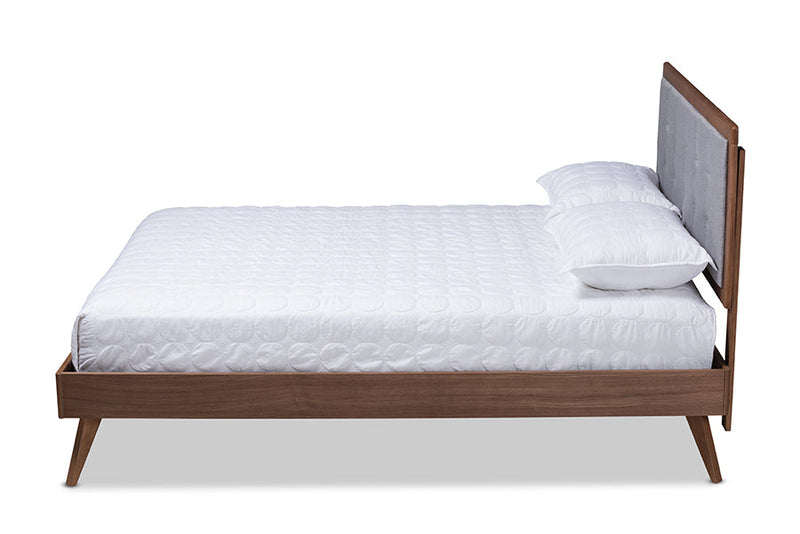 Lisette Light Gray Fabric Upholstered Walnut Brown King Bed Baxton