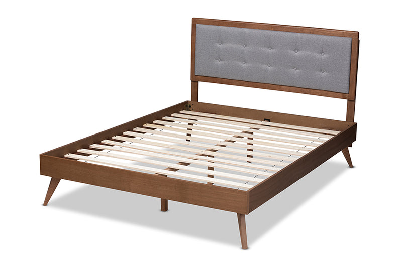 Lisette Mid-Century Modern Light Gray Fabric Upholstered Walnut Brown Finished Wood Full Size Platform Bed