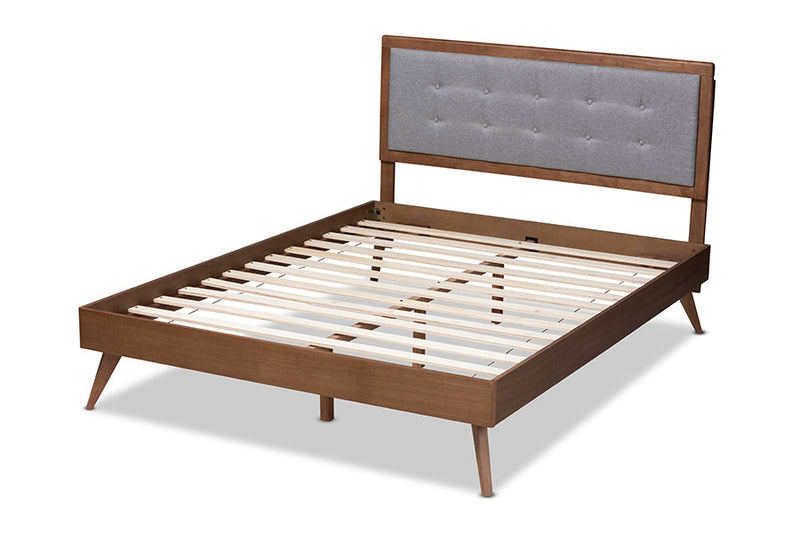 Lisette Light Gray Fabric Upholstered Walnut Brown King Bed Baxton