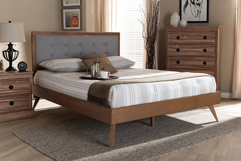 Lisette Mid-Century Modern Light Gray Fabric Upholstered Walnut Brown Finished Wood Full Size Platform Bed