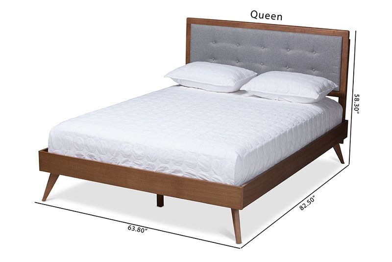 Lisette Mid-Century Modern Light Gray Fabric Upholstered Walnut Brown Finished Wood Full Size Platform Bed