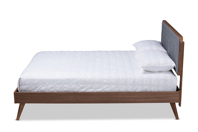 Henson Dark Gray Fabric Upholstered Walnut Brown King Bed Baxton