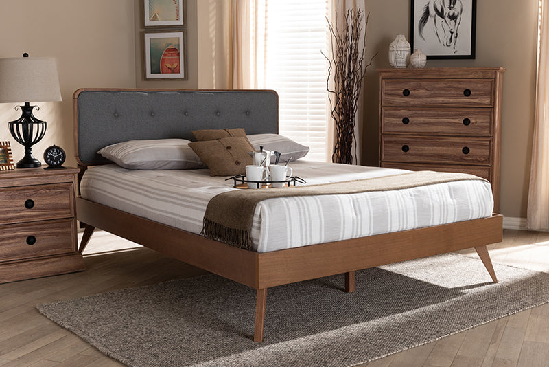 Henson Mid-Century Modern Dark Gray Fabric Upholstered Walnut Brown Finished Wood Full Size Platform Bed