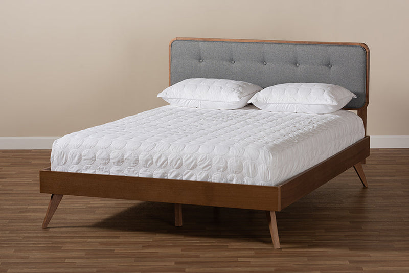 Henson Dark Gray Fabric Walnut Brown Full Size Platform Bed Baxton