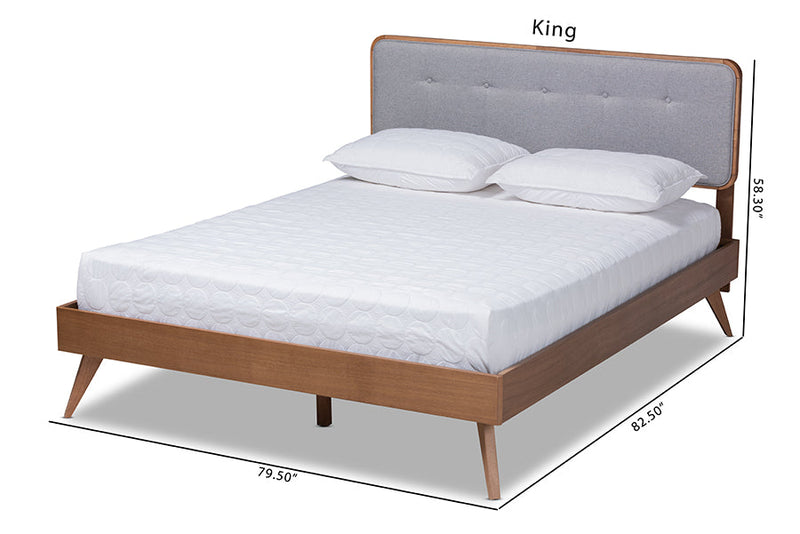 Henson Light Gray Fabric Upholstered Walnut Brown King Bed Baxton