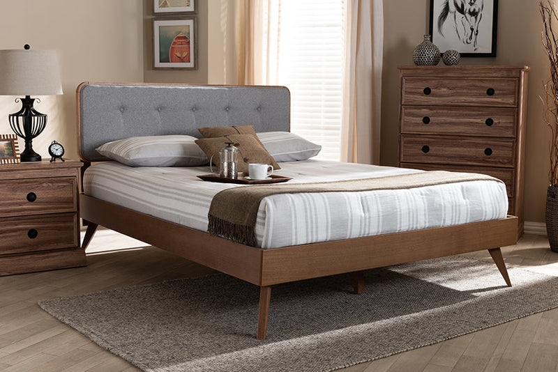 Henson Light Gray Fabric Upholstered Walnut Brown King Bed Baxton
