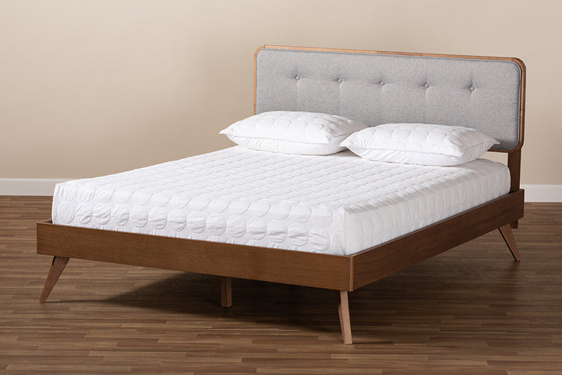 Henson Light Gray Fabric Upholstered Walnut Brown King Bed Baxton