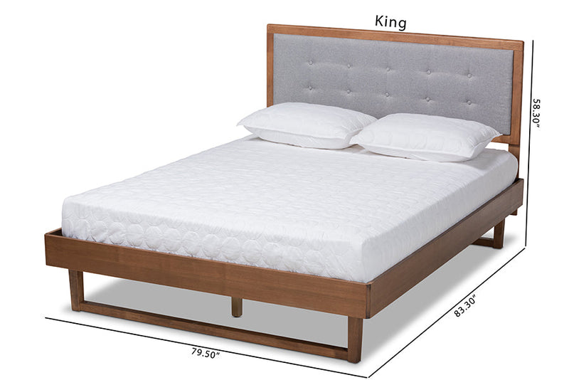 Leena Light Gray Fabric Ash Walnut King Size Platform Bed Baxton