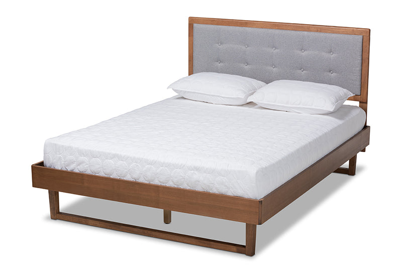 Leena Modern and Contemporary Light Gray Fabric Upholstered and Ash Walnut Finished Wood King Size Platform Bed