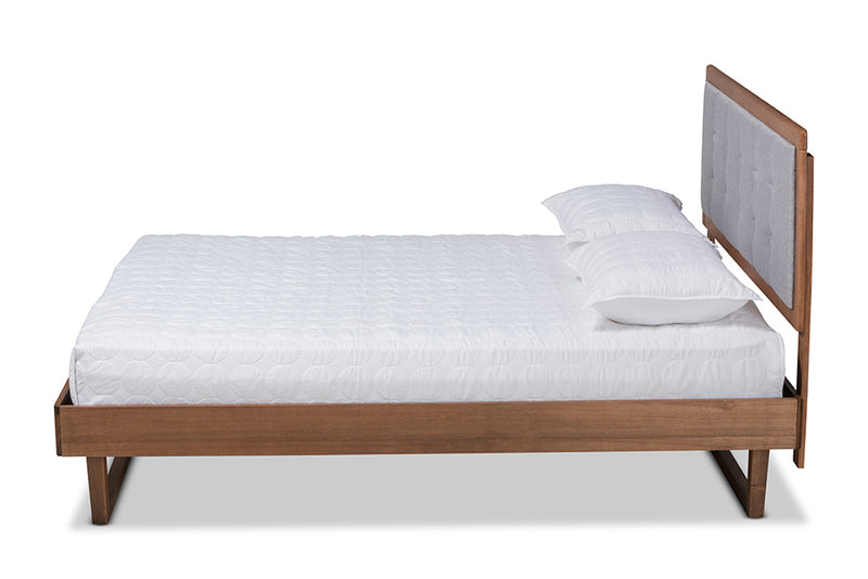 Leena Modern and Contemporary Light Gray Fabric Upholstered and Ash Walnut Finished Wood King Size Platform Bed