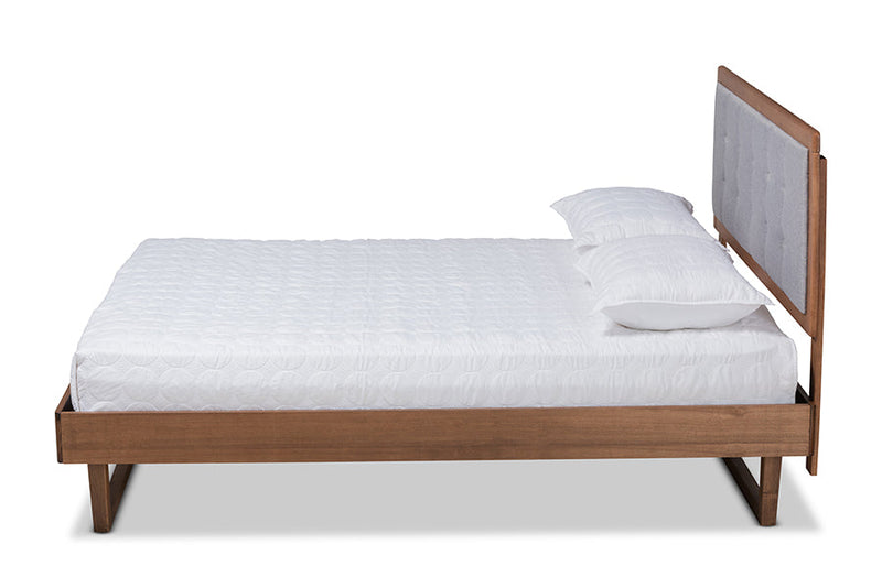 Leena Light Gray Fabric Ash Walnut King Size Platform Bed Baxton