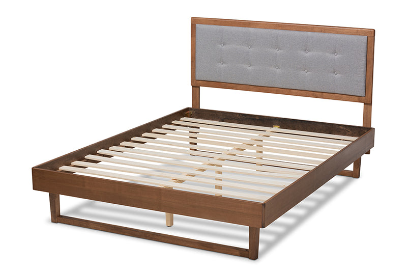 Leena Modern and Contemporary Light Gray Fabric Upholstered and Ash Walnut Finished Wood King Size Platform Bed