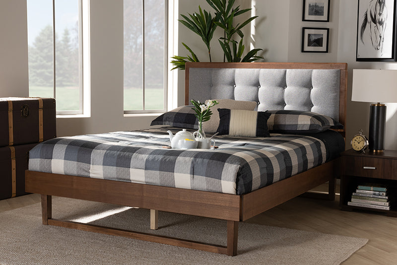 Leena Modern and Contemporary Light Gray Fabric Upholstered and Ash Walnut Finished Wood King Size Platform Bed