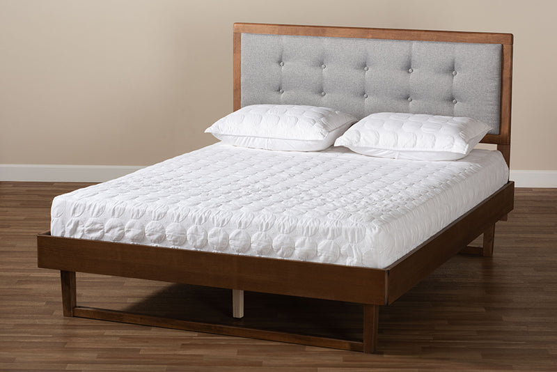 Leena Modern and Contemporary Light Gray Fabric Upholstered and Ash Walnut Finished Wood King Size Platform Bed