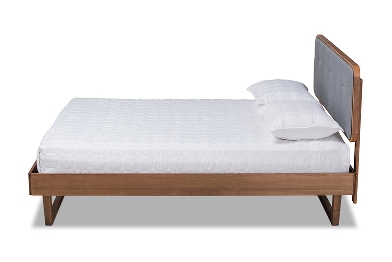 Simone Mid-Century Modern Dark Gray Fabric Upholstered and Ash Walnut Finished Wood Full Size Platform Bed