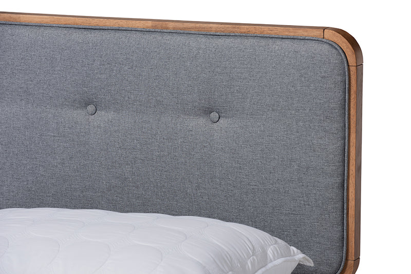 Simone Mid-Century Modern Dark Gray Fabric Upholstered and Ash Walnut Finished Wood Full Size Platform Bed