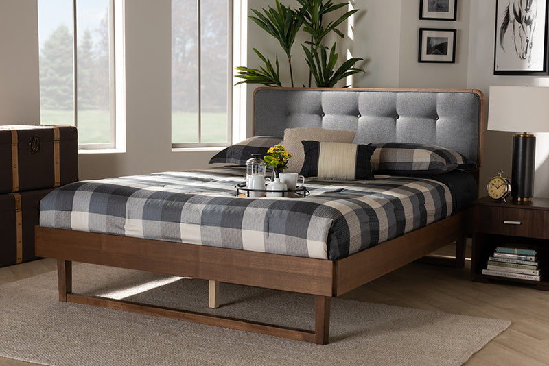 Simone Mid-Century Modern Dark Gray Fabric Upholstered and Ash Walnut Finished Wood Full Size Platform Bed