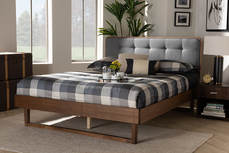 Simone Dark Gray Fabric Ash Walnut King Size Platform Bed Baxton