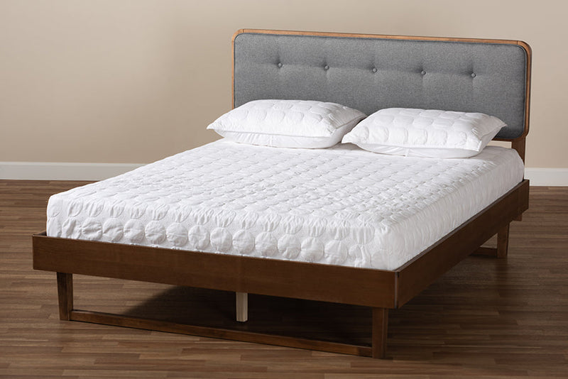 Simone Dark Gray Fabric Ash Walnut King Size Platform Bed Baxton