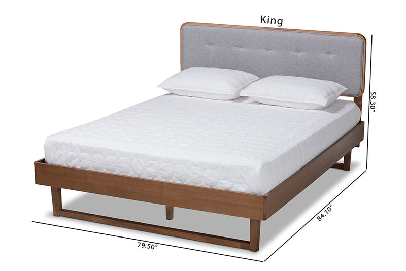 Simone Light Gray Fabric Ash Walnut King Size Platform Bed Baxton