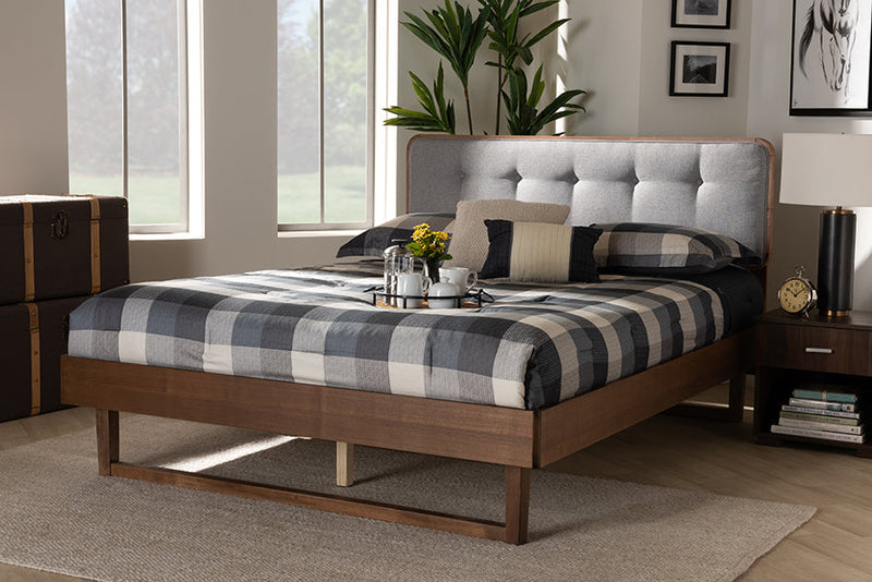 Simone Light Gray Fabric Ash Walnut King Size Platform Bed Baxton