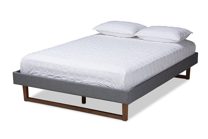 Adler Mid-Century Modern Dark Gray Fabric Upholstered Walnut Brown Finished Wood Queen Size Platform Bed