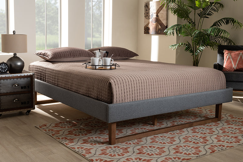 Adler Mid-Century Modern Dark Gray Fabric Upholstered Walnut Brown Finished Wood Queen Size Platform Bed