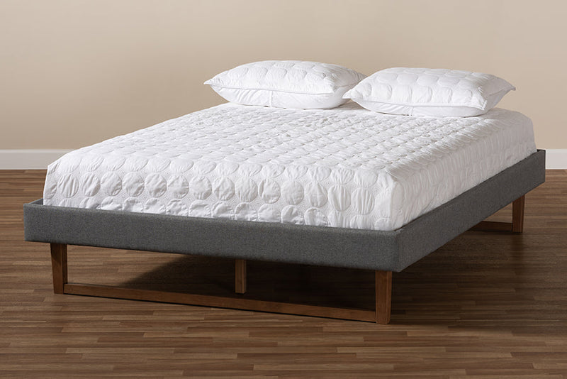 Adler Dark Gray Fabric Walnut Brown Full Size Platform Bed Baxton
