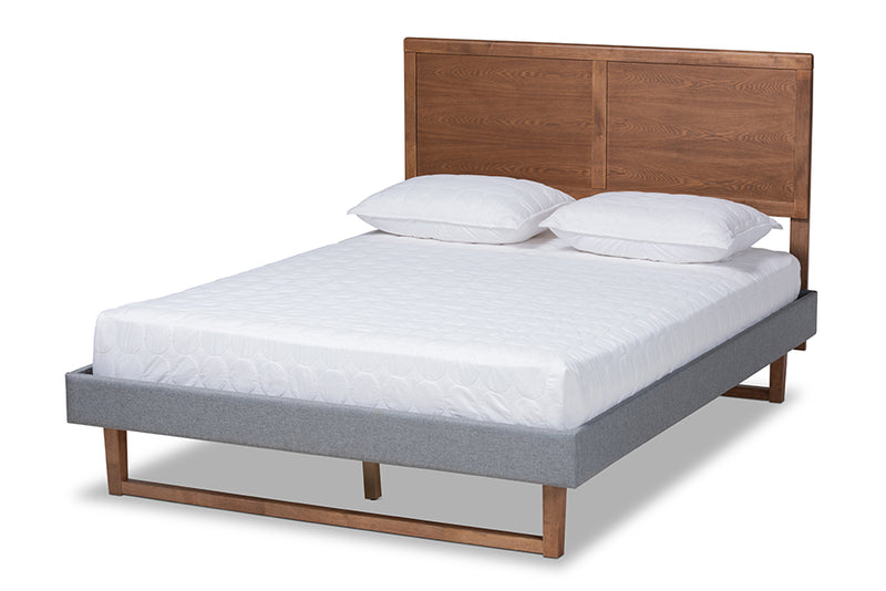 Vaere Mid-Century Modern Dark Gray Fabric Upholstered and Ash Walnut Brown Finished Wood Full Size Platform Bed