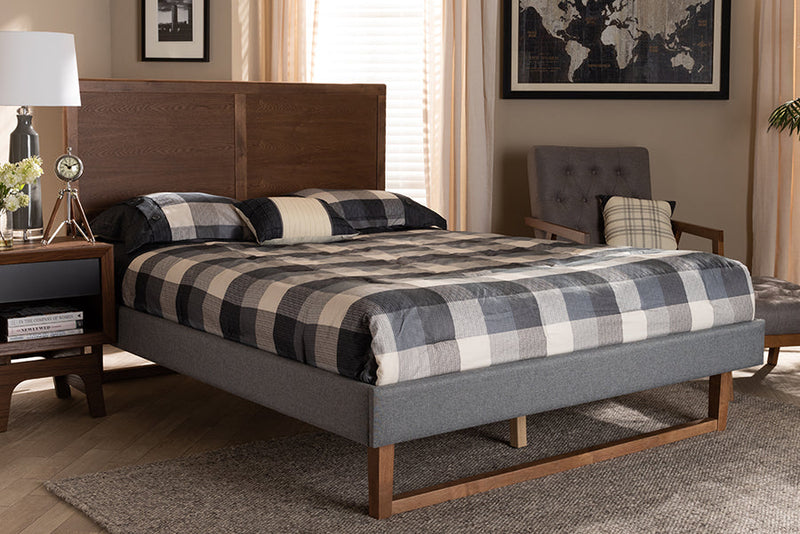 Vaere Dark Gray Fabric Ash Walnut Brown Full Size Platform Bed Baxton