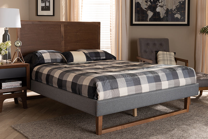 Vaere Mid-Century Modern Dark Gray Fabric Upholstered and Ash Walnut Brown Finished Wood Full Size Platform Bed