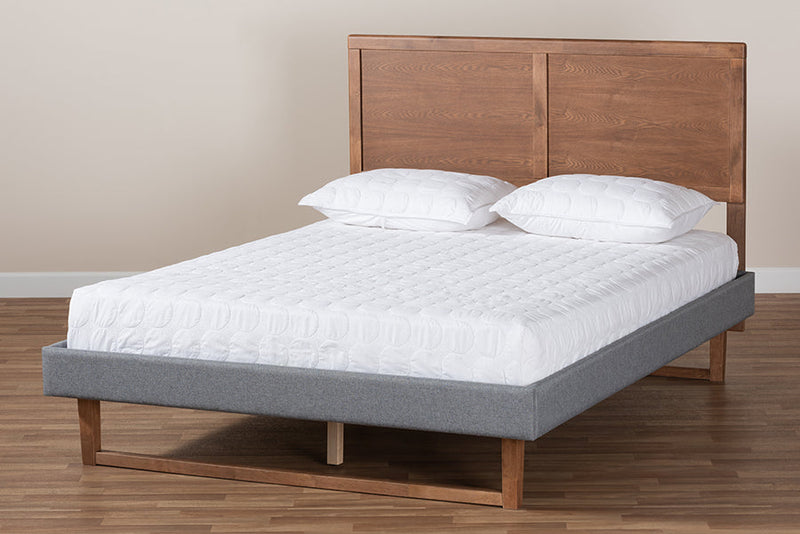 Vaere Dark Gray Fabric Ash Walnut Brown King Size Platform Bed Baxton