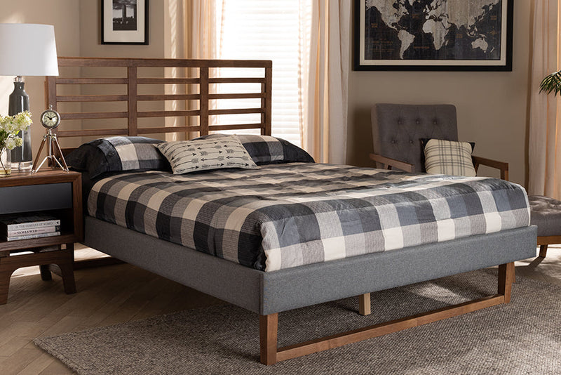 Sedona Dark Gray Fabric Ash Walnut Brown King Size Platform Bed Baxton