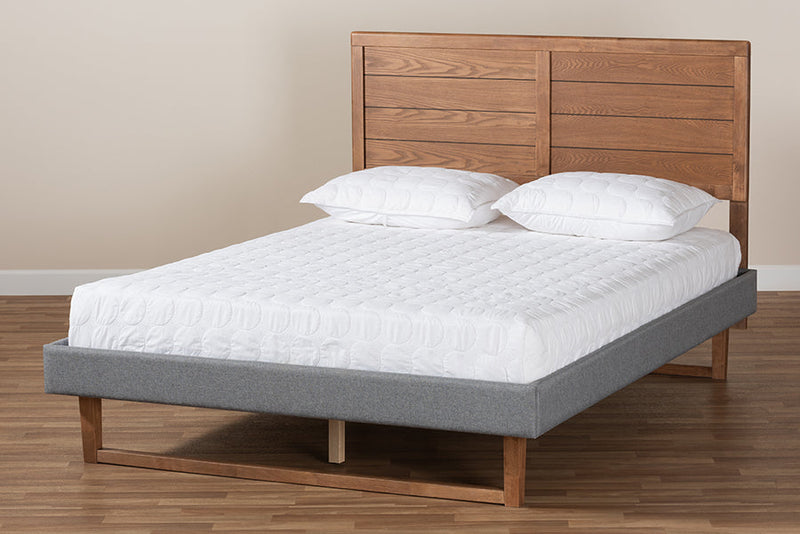 Tafari Dark Gray Fabric Ash Walnut Brown Queen Size Platform Bed Baxton