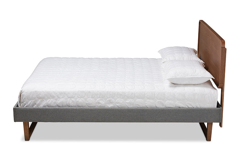Lois Dark Gray Fabric Upholstered Walnut Brown King Bed Baxton