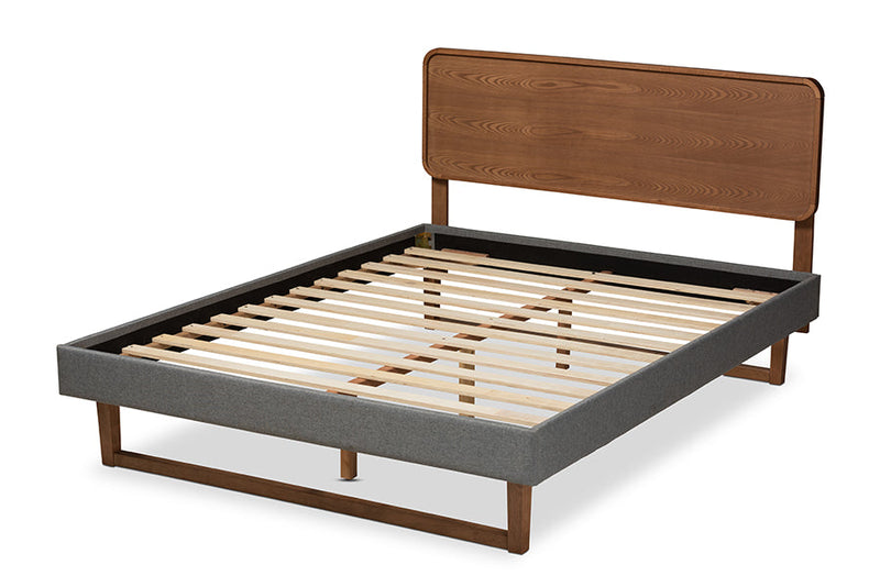 Lois Dark Gray Fabric Upholstered Walnut Brown King Bed Baxton