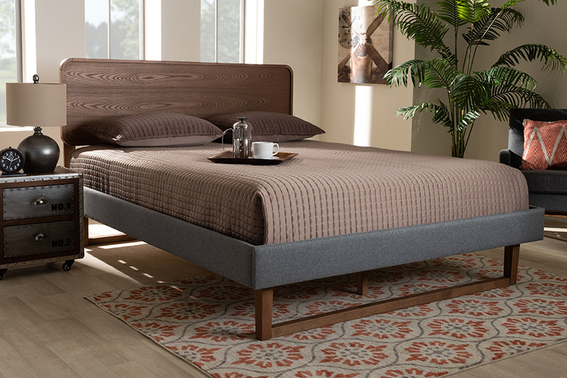 Lois Mid-Century Modern Dark Gray Fabric Upholstered Walnut Brown Finished Wood Queen Size Platform Bed