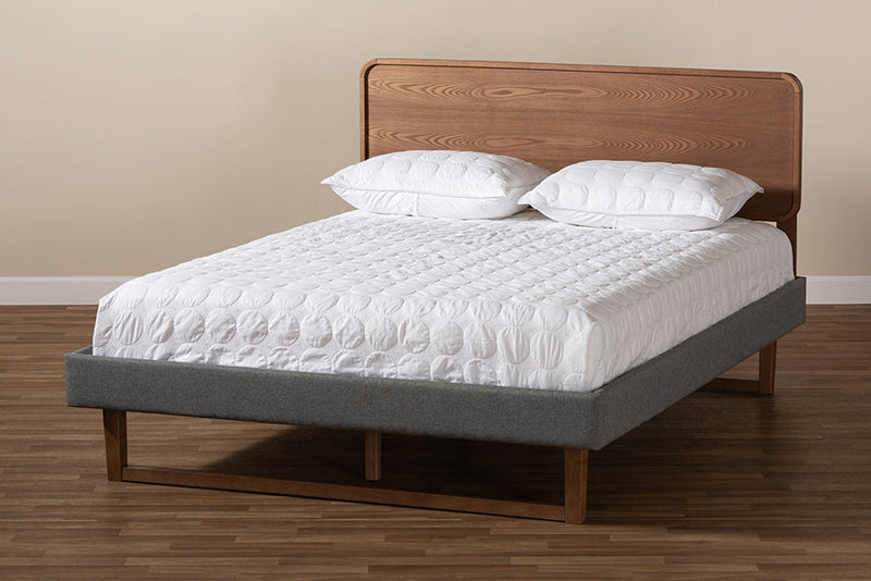 Lois Dark Gray Fabric Upholstered Walnut Brown King Bed Baxton