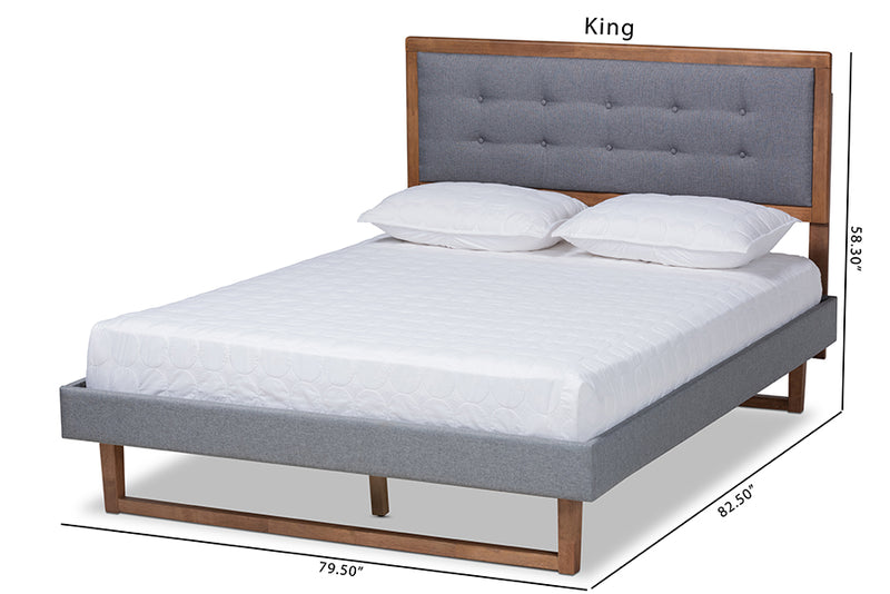 Liliya Modern Transitional Dark Gray Fabric Upholstered and Ash Walnut Brown Finished Wood King Size Platform Bed