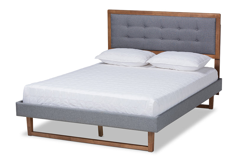 Liliya Modern Transitional Dark Gray Fabric Upholstered and Ash Walnut Brown Finished Wood Queen Size Platform Bed