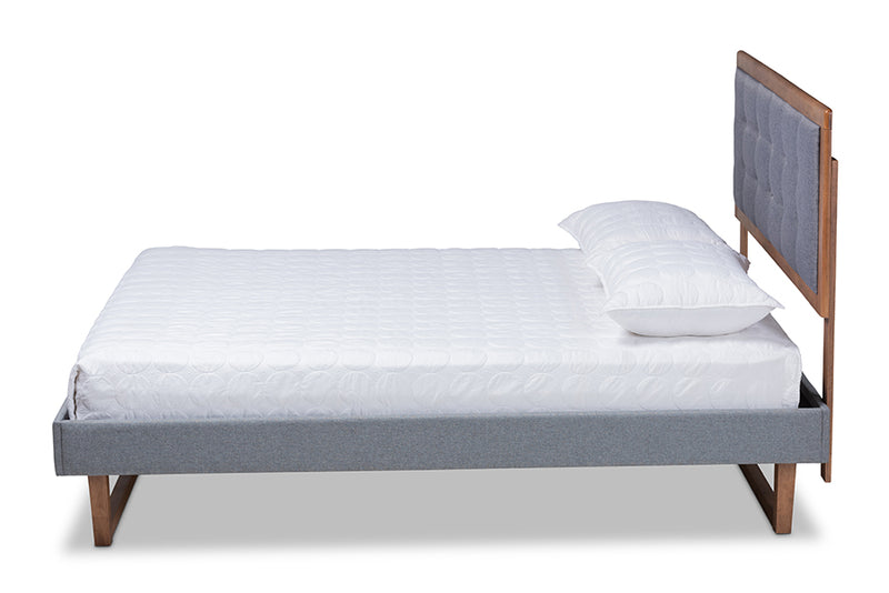 Liliya Modern Transitional Dark Gray Fabric Upholstered and Ash Walnut Brown Finished Wood Queen Size Platform Bed