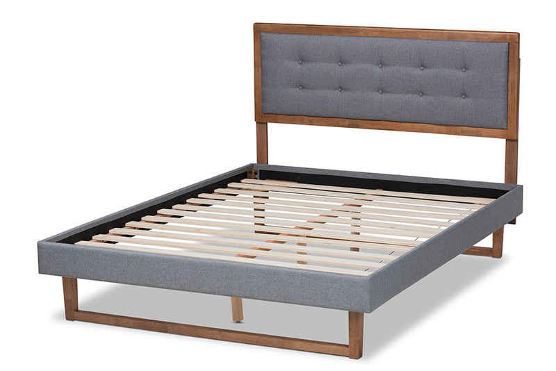 Liliya Modern Transitional Dark Gray Fabric Upholstered and Ash Walnut Brown Finished Wood Queen Size Platform Bed