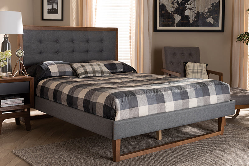 Liliya Modern Transitional Dark Gray Fabric Upholstered and Ash Walnut Brown Finished Wood King Size Platform Bed