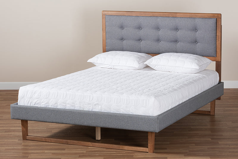 Liliya Modern Transitional Dark Gray Fabric Upholstered and Ash Walnut Brown Finished Wood Queen Size Platform Bed