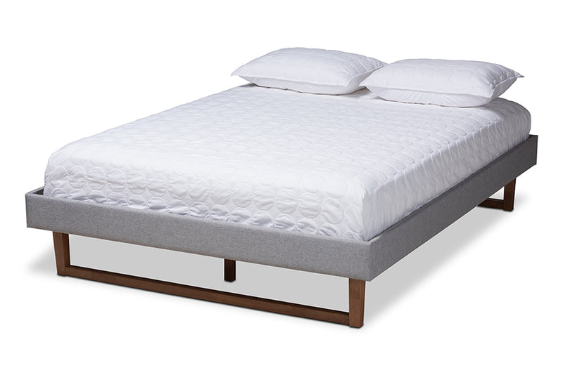 Adler Mid-Century Modern Light Gray Fabric Upholstered Walnut Brown Finished Wood Queen Size Platform Bed