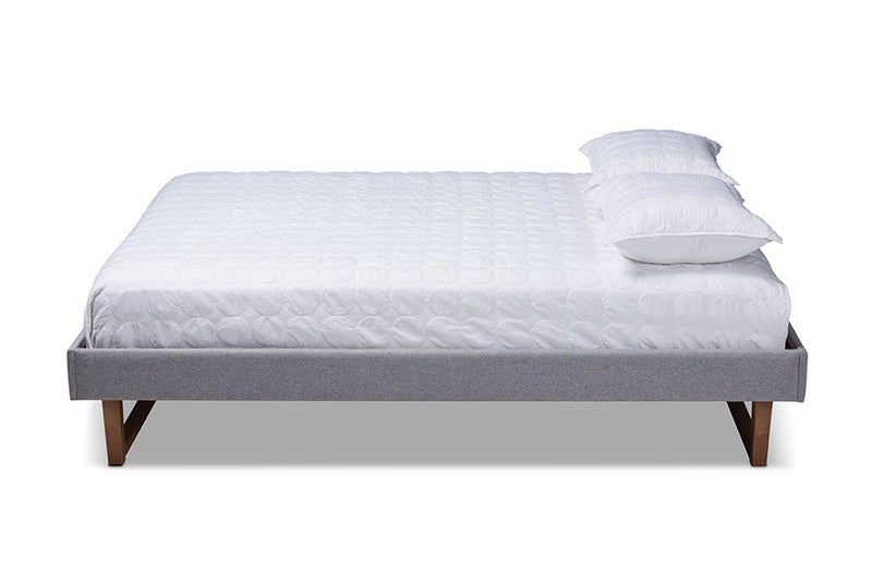 Adler Light Gray Fabric Walnut Brown Full Size Platform Bed Baxton