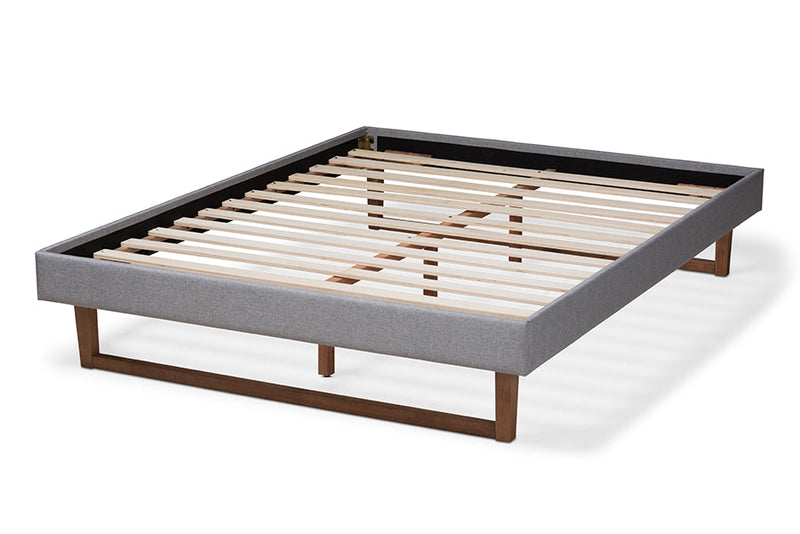 Adler Light Gray Fabric Walnut Brown King Size Platform Bed Baxton