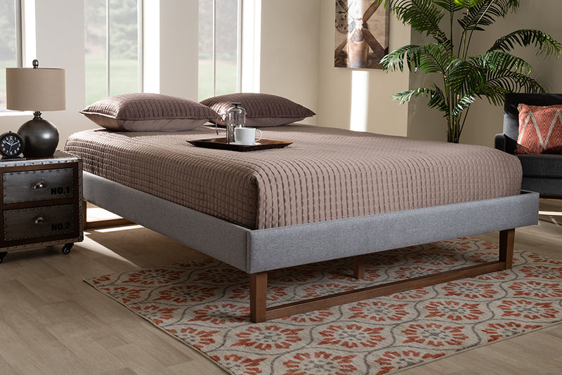 Adler Mid-Century Modern Light Gray Fabric Upholstered Walnut Brown Finished Wood Queen Size Platform Bed