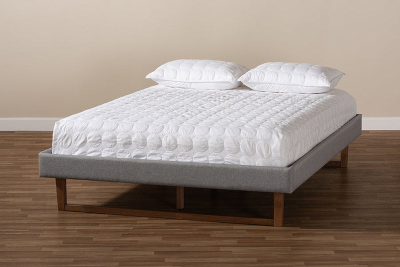 Adler Light Gray Fabric Walnut Brown Full Size Platform Bed Baxton
