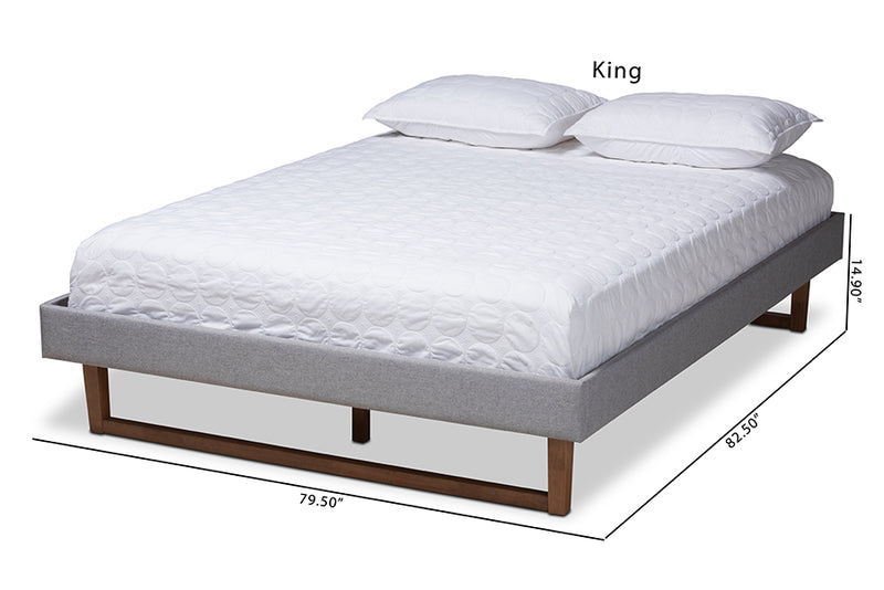 Adler Mid-Century Modern Light Gray Fabric Upholstered Walnut Brown Finished Wood Queen Size Platform Bed